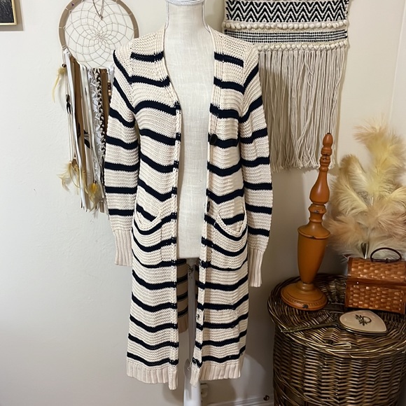 Altar’d State Long Knit Cardigan Sweater/ Cream & Navy/ Size Small/Medium - Picture 2 of 7